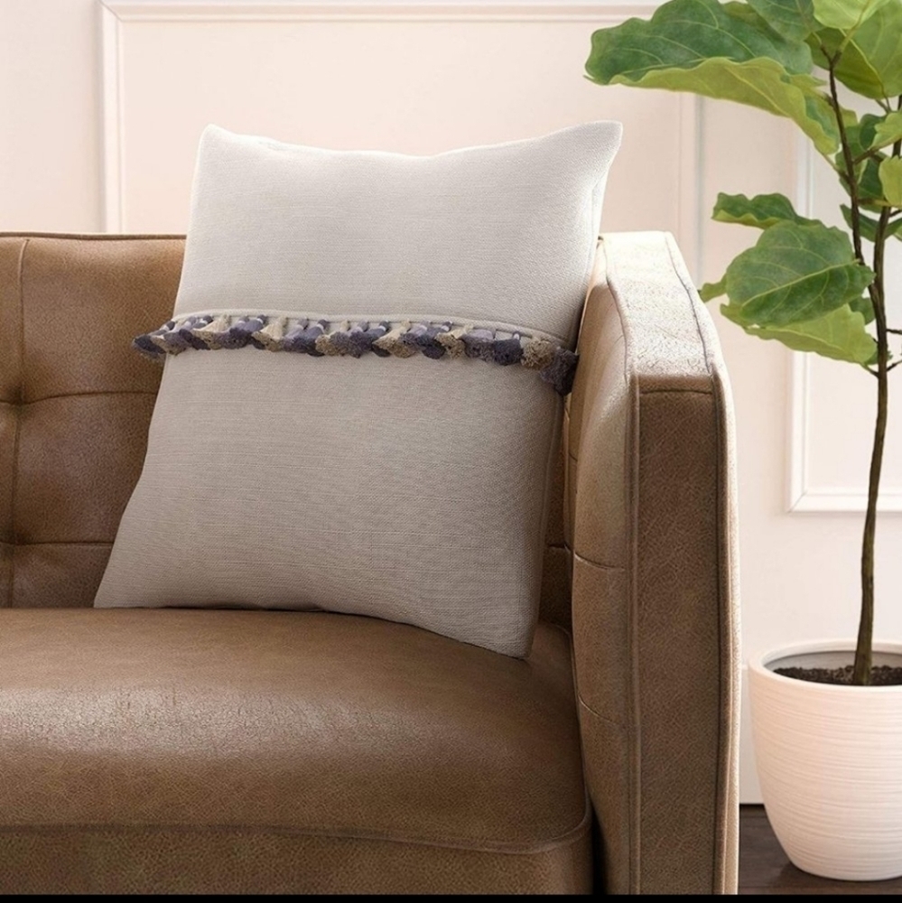 Contemporary Tassle Throw Pillow Cream Blue NWT Set of 2